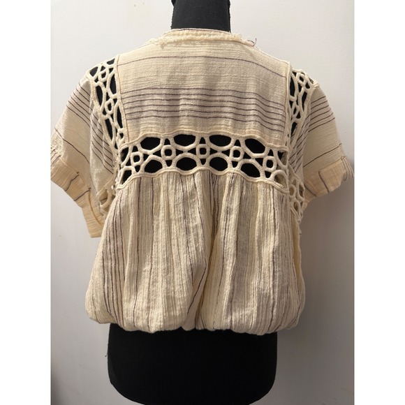Free People Cedar Lace Crochet Cutout Boho Blouse Cream Striped Short Sleeve - Picture 4 of 7